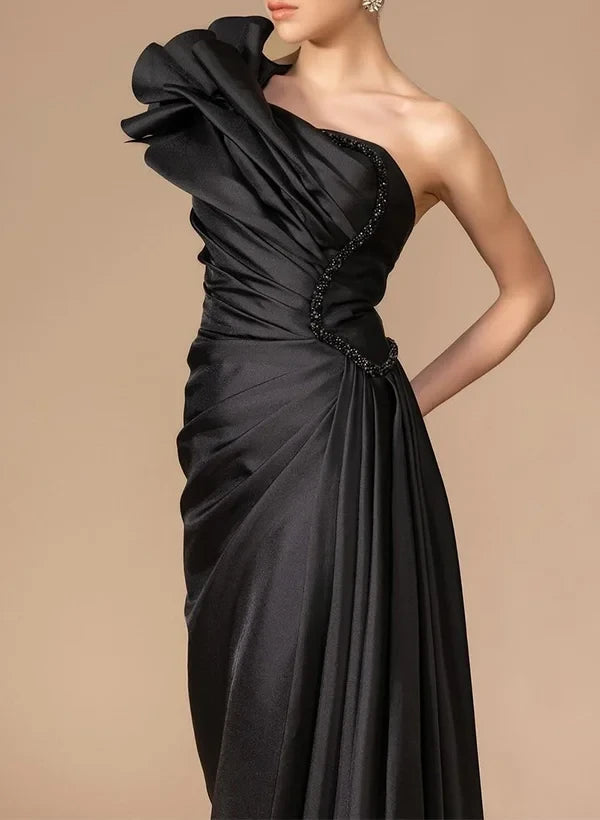 Stylish Sheath One-Shoulder Ruched Slit Black Floor-Length Prom Dress With Beaded