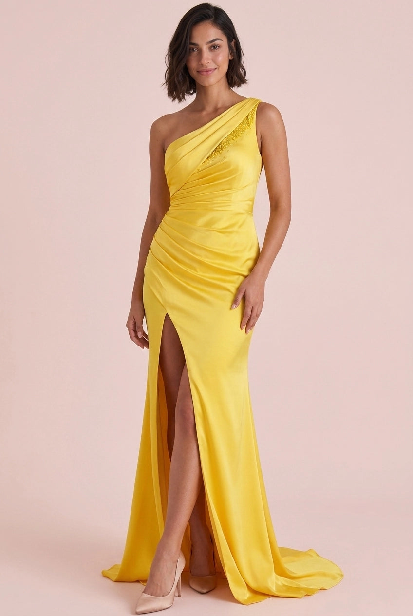 Stylish Sheath One-Shoulder Ruched Slit Yellow Floor-Length Prom Dress With Beaded