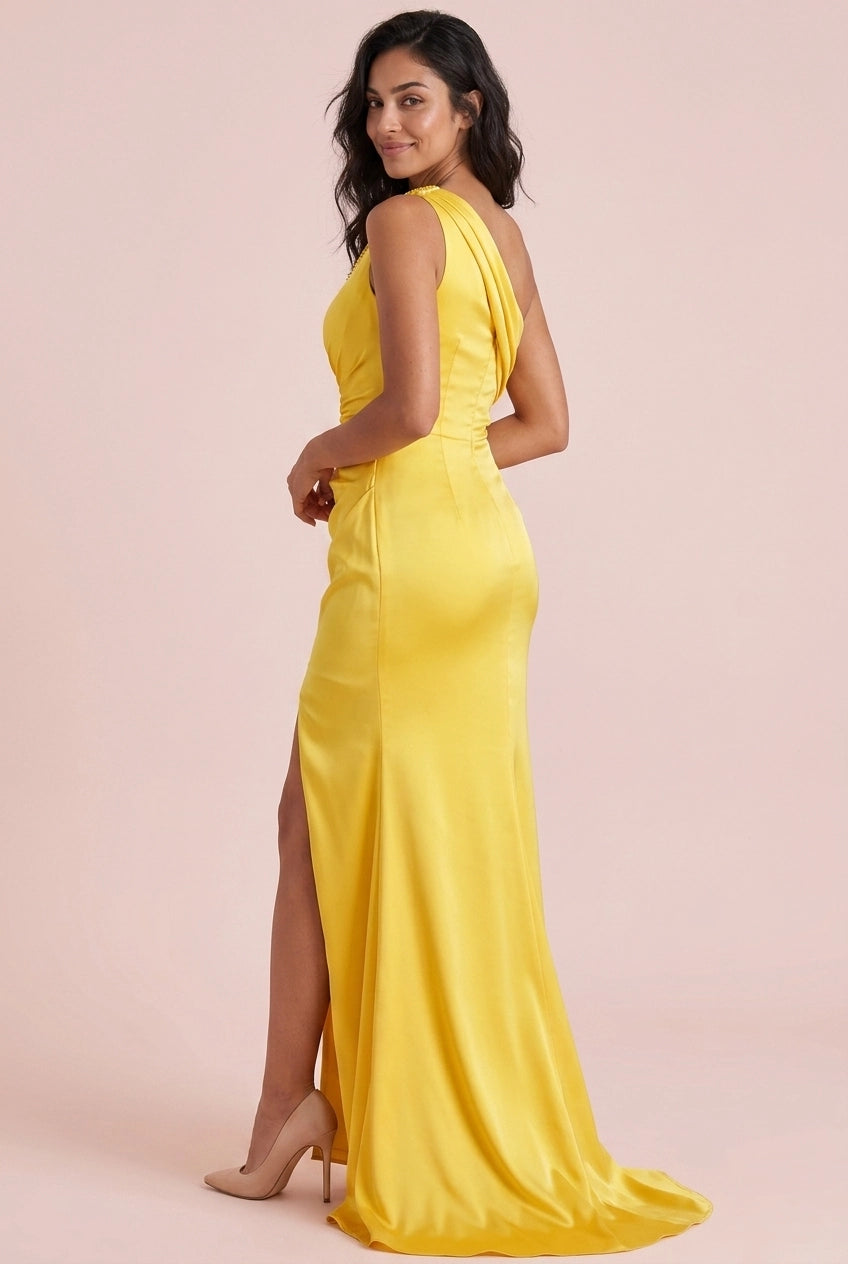 Stylish Sheath One-Shoulder Ruched Slit Yellow Floor-Length Prom Dress With Beaded