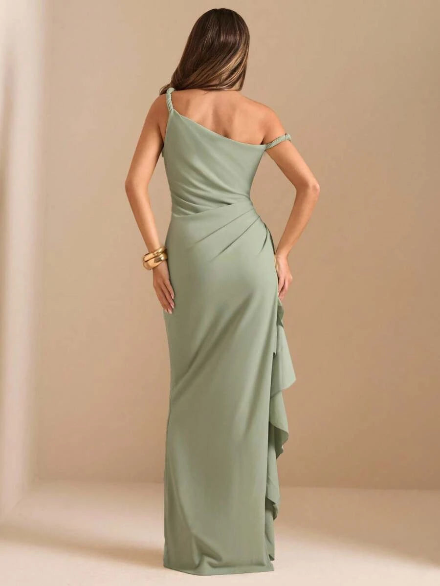 Stylish Sheath One-Shoulder Ruffle Ruched Slit Sage Green Floor-Length Prom Dress