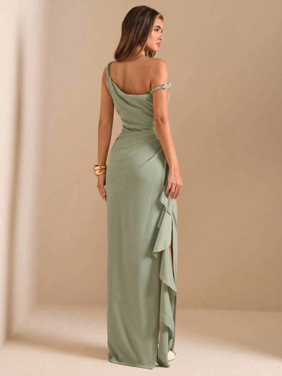 Stylish Sheath One-Shoulder Ruffle Ruched Slit Sage Green Floor-Length Prom Dress