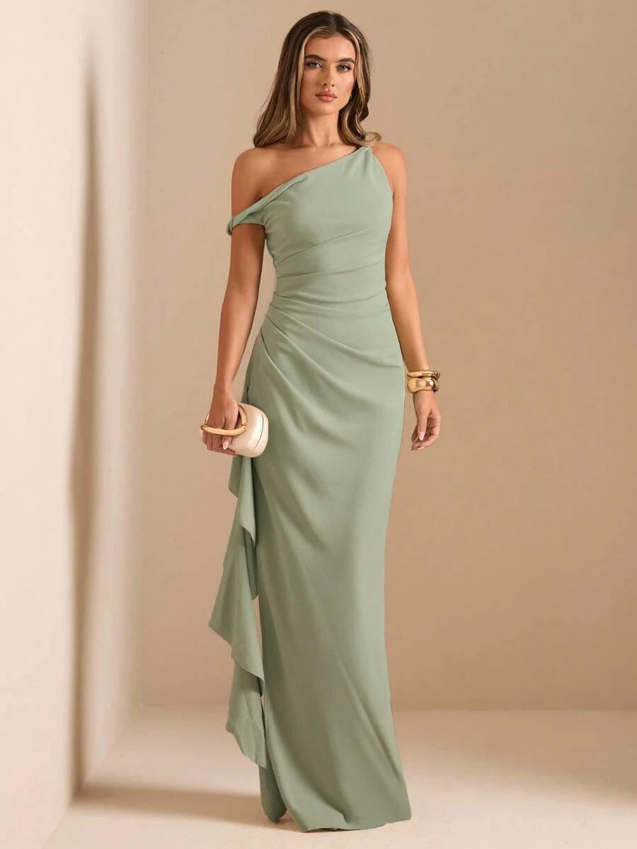 Stylish Sheath One-Shoulder Ruffle Ruched Slit Sage Green Floor-Length Prom Dress