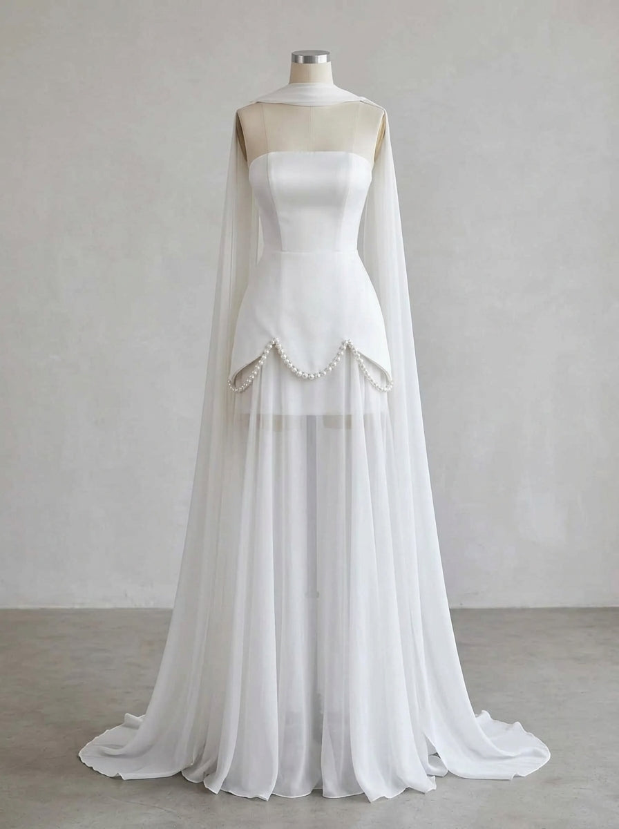 Stylish Sheath Strapless Pearl Chiffon White Floor-Length Prom Dress With Scarf