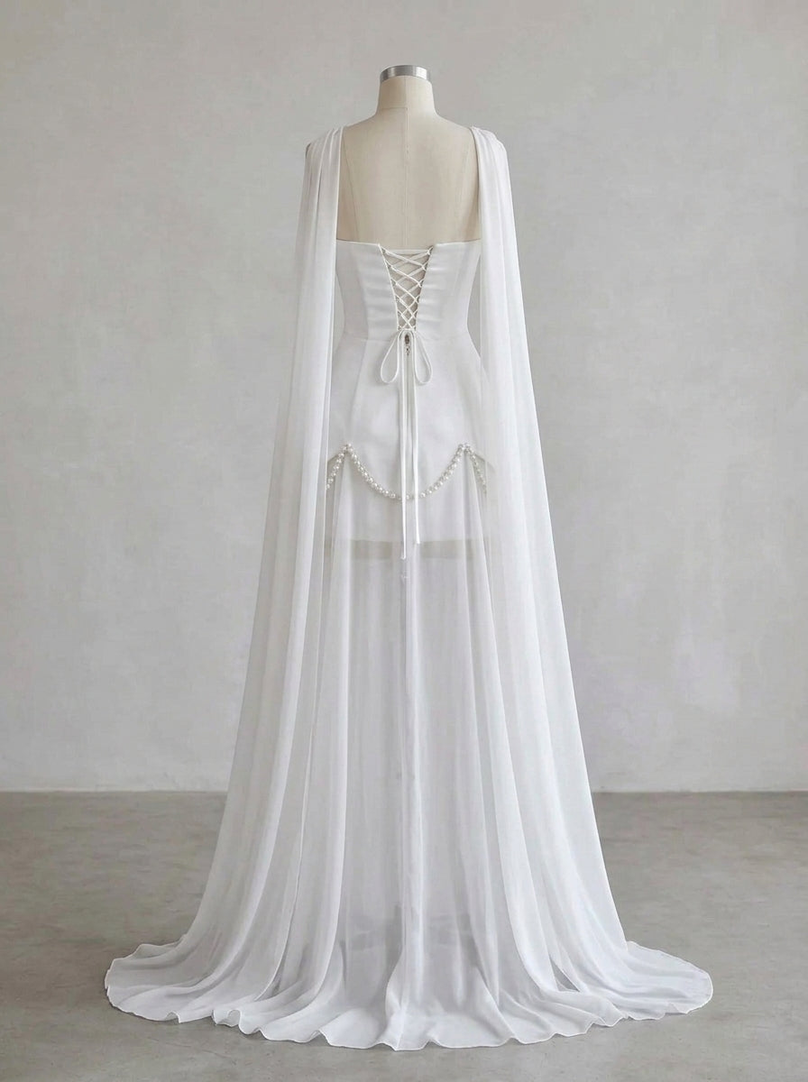 Stylish Sheath Strapless Pearl Chiffon White Floor-Length Prom Dress With Scarf