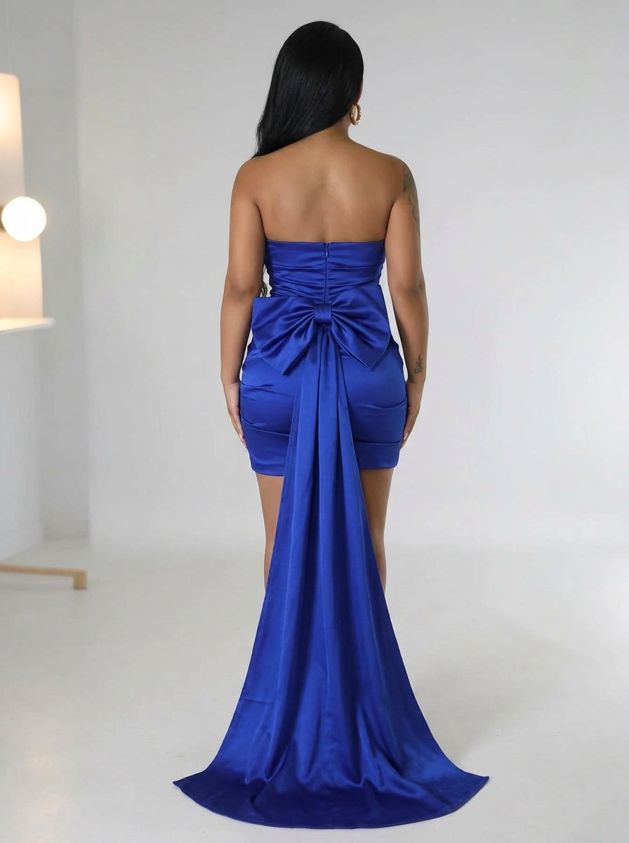 Stylish Sheath Strapless Ruched Bow-Back Royal Blue Mini Homecoming Dress