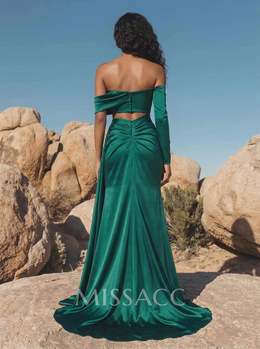 Stylish Two-Piece Off-Shoulder Long Sleeve Draped Slit Emerald Green Prom Dress