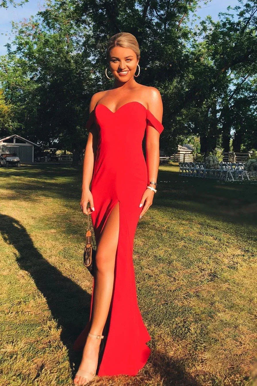 Sultry Mermaid Off Shoulder Short Sleeve Satin Maxi Prom Dress