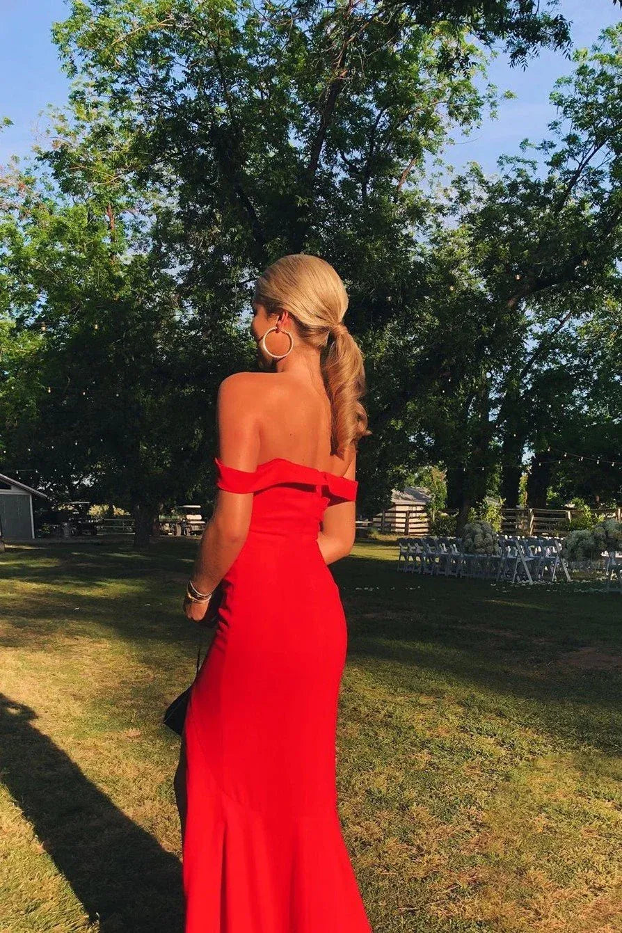 Sultry Mermaid Off Shoulder Short Sleeve Satin Maxi Prom Dress