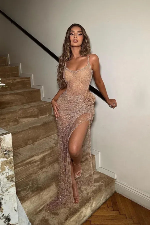 Sultry Spaghetti Strap Beaded Mesh Maxi Dress with Open Back High Slit & 3D Flower