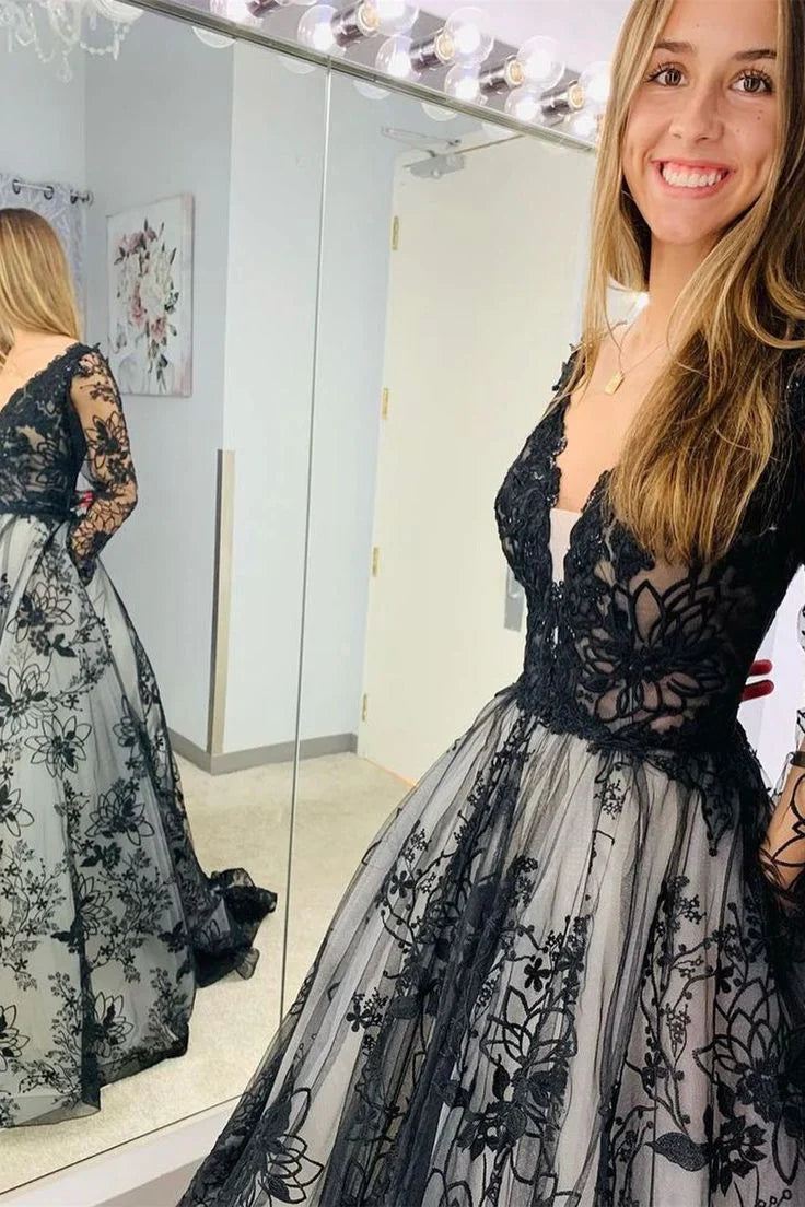 Weitese Formal Women's Dresses Black Long Sleeves Appliques Sweep Train Open Back Long Prom Dress Prom Dress Stores