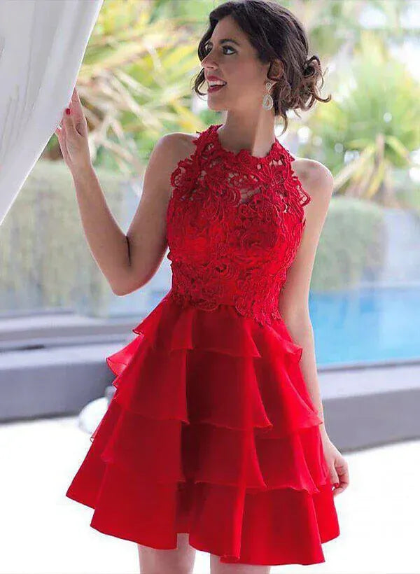 Sweet A-Line Halter Sleeveless Tiered Ruffle Lace Chiffon Red Short Homecoming Dress