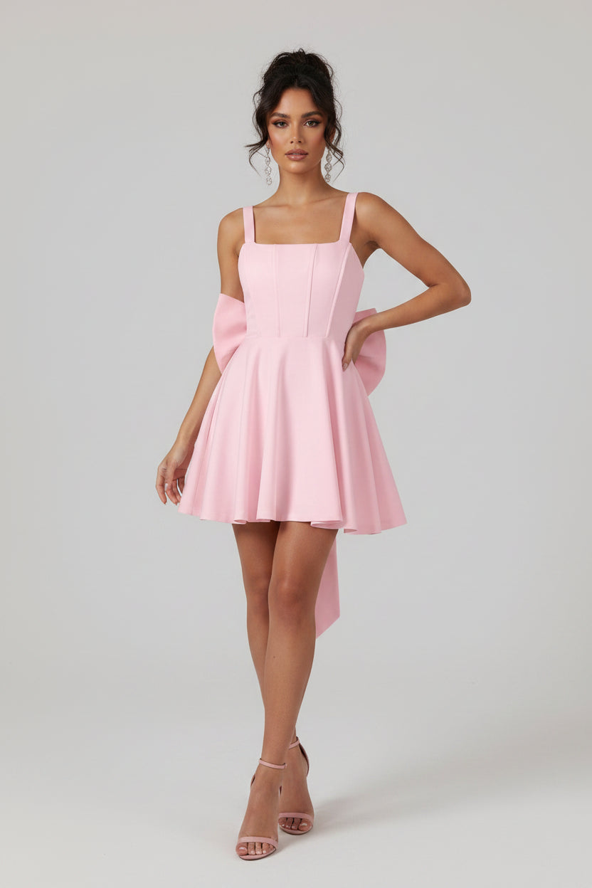 Sweet A-line Square Neck Corset Solid Color Pink Mini Homecoming Dress With Bow