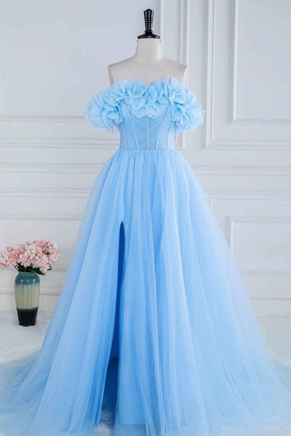 Weitese Sweet Blue A-Line Strapless Long Tulle Prom Dress With 3D Flowers