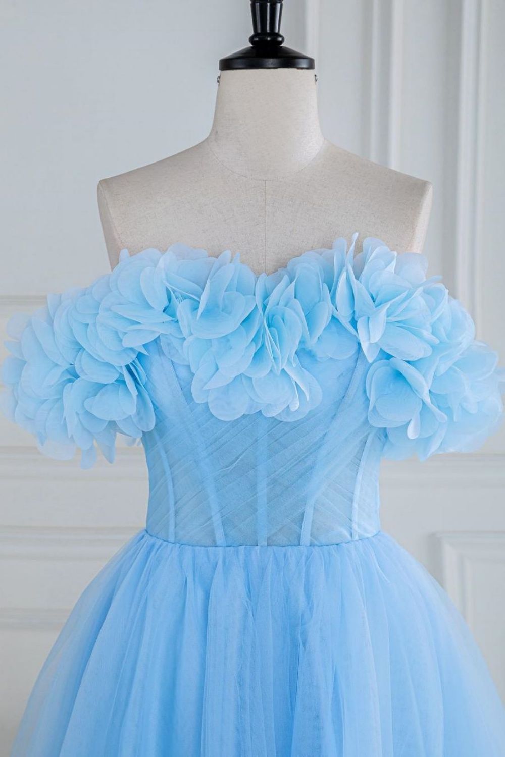 Weitese Sweet Blue A-Line Strapless Long Tulle Prom Dress With 3D Flowers