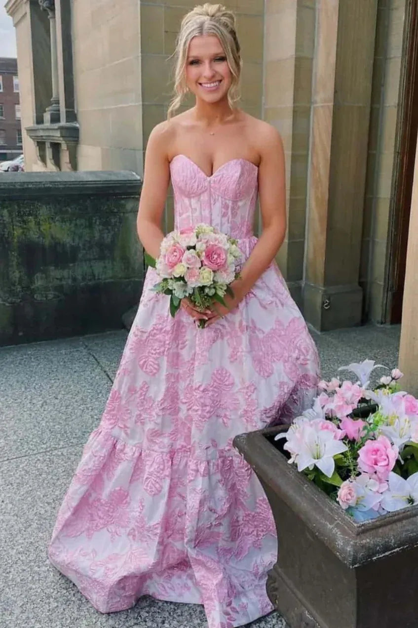 Sweetheart Strapless Corset Jacquard Floral A-Line Prom Ball Gown