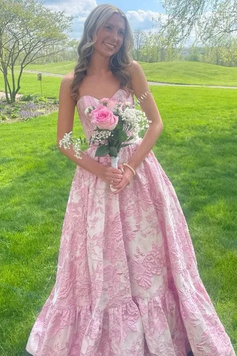 Sweetheart Strapless Corset Jacquard Floral A-Line Prom Ball Gown