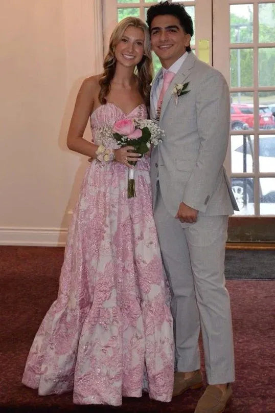 Sweetheart Strapless Corset Jacquard Floral A-Line Prom Ball Gown