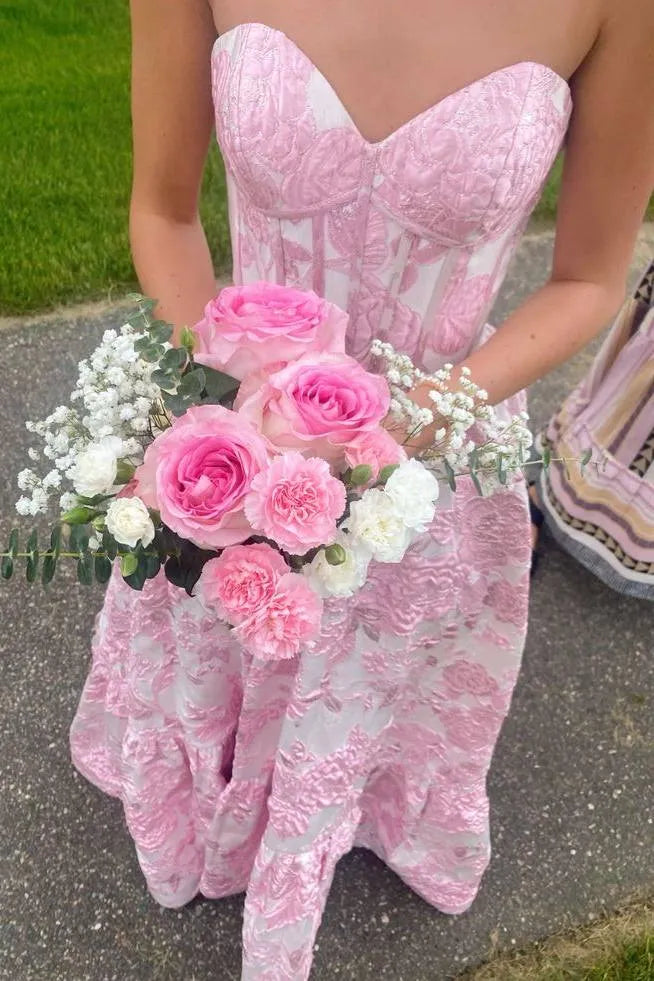 Sweetheart Strapless Corset Jacquard Floral A-Line Prom Ball Gown