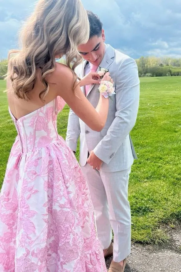 Sweetheart Strapless Corset Jacquard Floral A-Line Prom Ball Gown