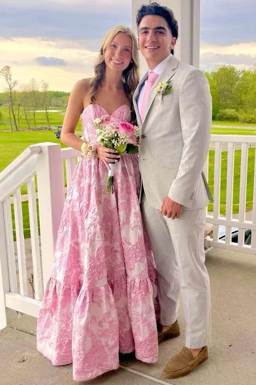 Sweetheart Strapless Corset Jacquard Floral A-Line Prom Ball Gown