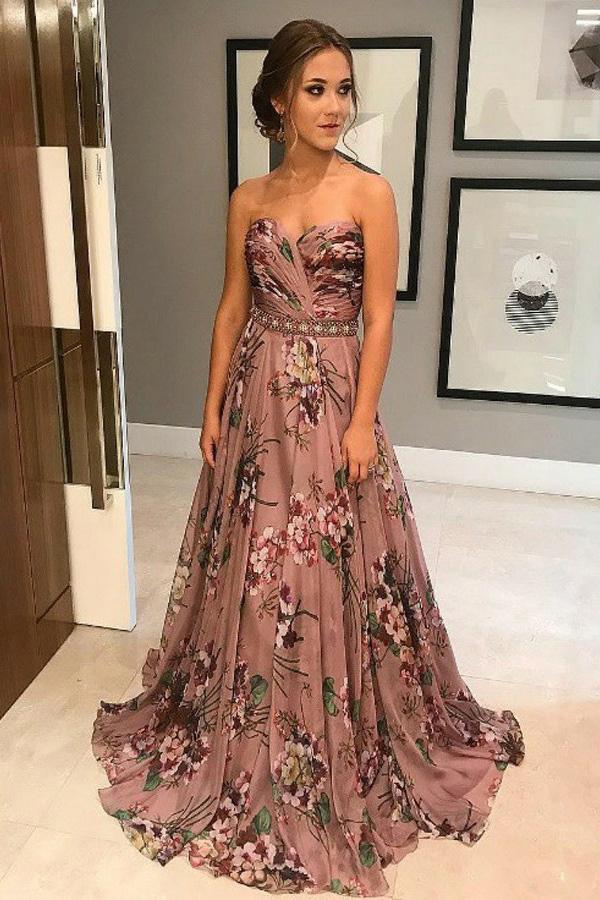 Prom Dresses Stores Unique A-Line Sweetheart Sweep Train Floral Printed Chiffon Prom Dress with Beading Split Formal Women's Dresses