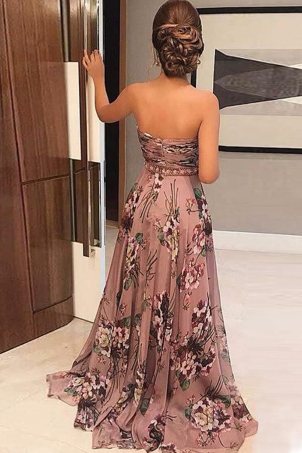 Prom Dresses Stores Unique A-Line Sweetheart Sweep Train Floral Printed Chiffon Prom Dress with Beading Split Formal Women's Dresses