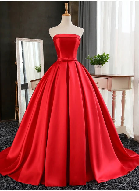 Red Strapless Satin Ball Gown with Bow Waist
