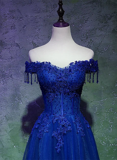 Glamorous A-line Off Shoulder Tassel Sleeve Lace Up Back Long Prom Dress