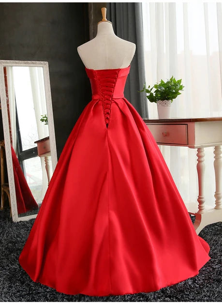 Red Strapless Satin Ball Gown with Bow Waist