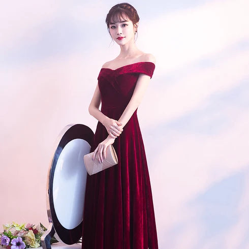 Burgundy Off Shoulder Velvet A-Line Evening Gown
