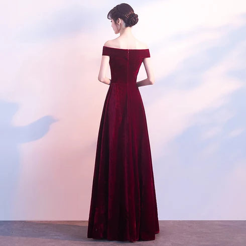 Burgundy Off Shoulder Velvet A-Line Evening Gown