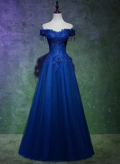 Glamorous A-line Off Shoulder Tassel Sleeve Lace Up Back Long Prom Dress