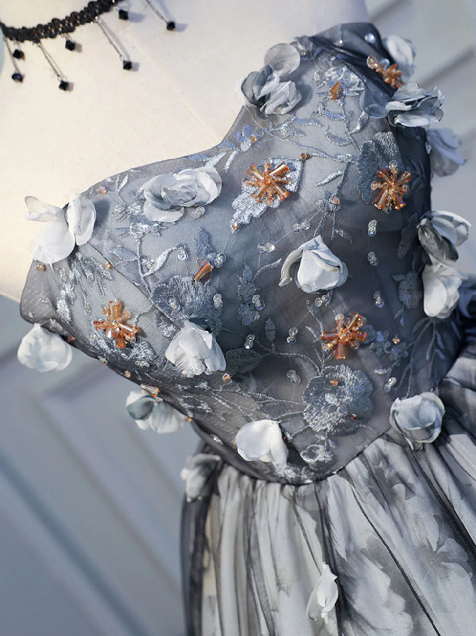 Puffy Black Prom Dress With Beading Lace Applique