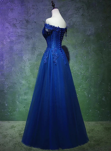 Glamorous A-line Off Shoulder Tassel Sleeve Lace Up Back Long Prom Dress