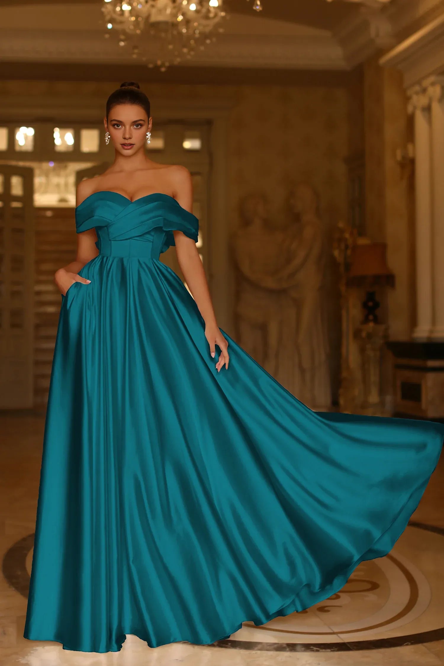 Weitese Dress A Line Long Pleated Formal Prom Dress Off the Shoulder Floor-Length Sleeveless Evening Dress