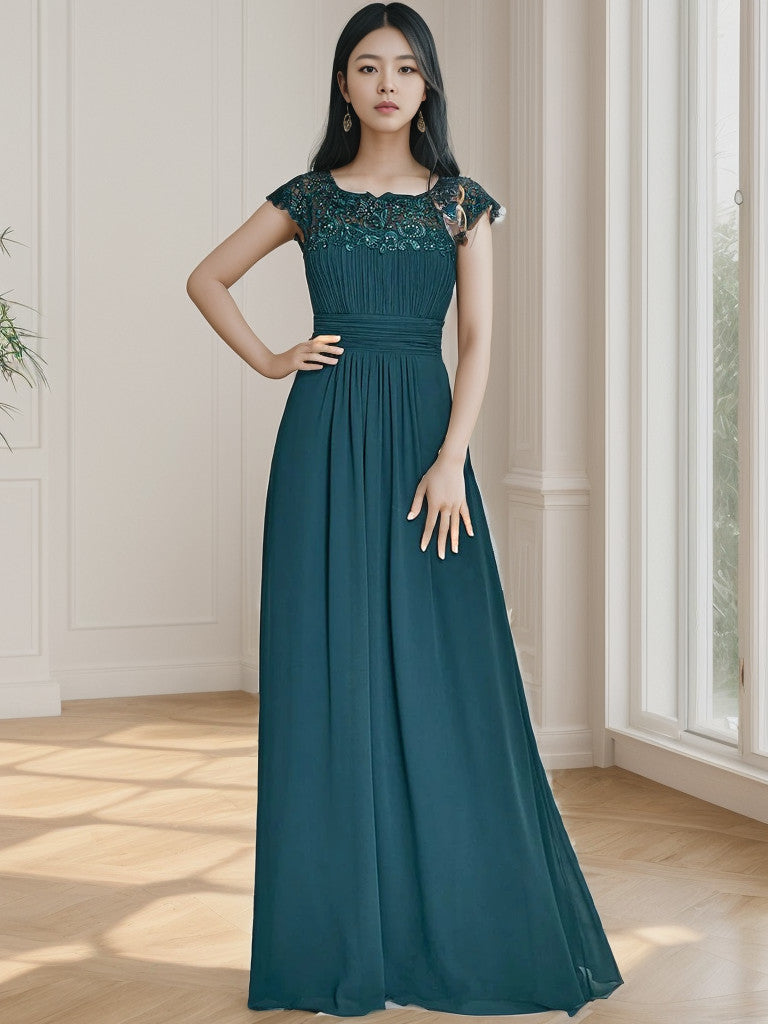 Weitese Maxi Lace Cap Sleeve Long Formal Evening Dress