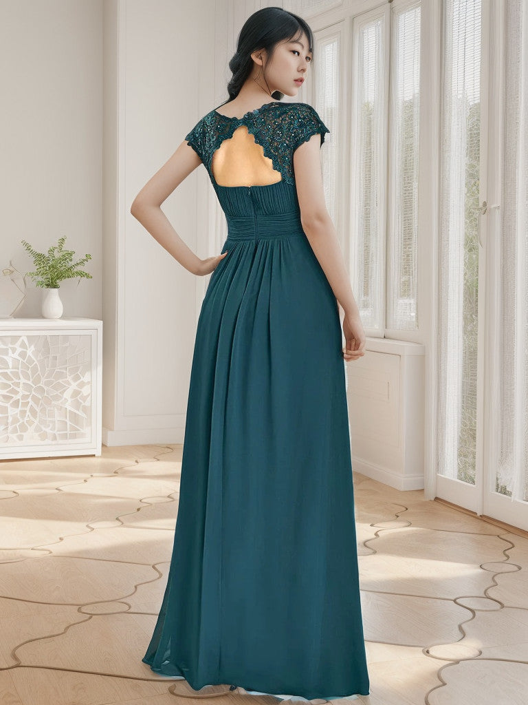 Weitese Maxi Lace Cap Sleeve Long Formal Evening Dress