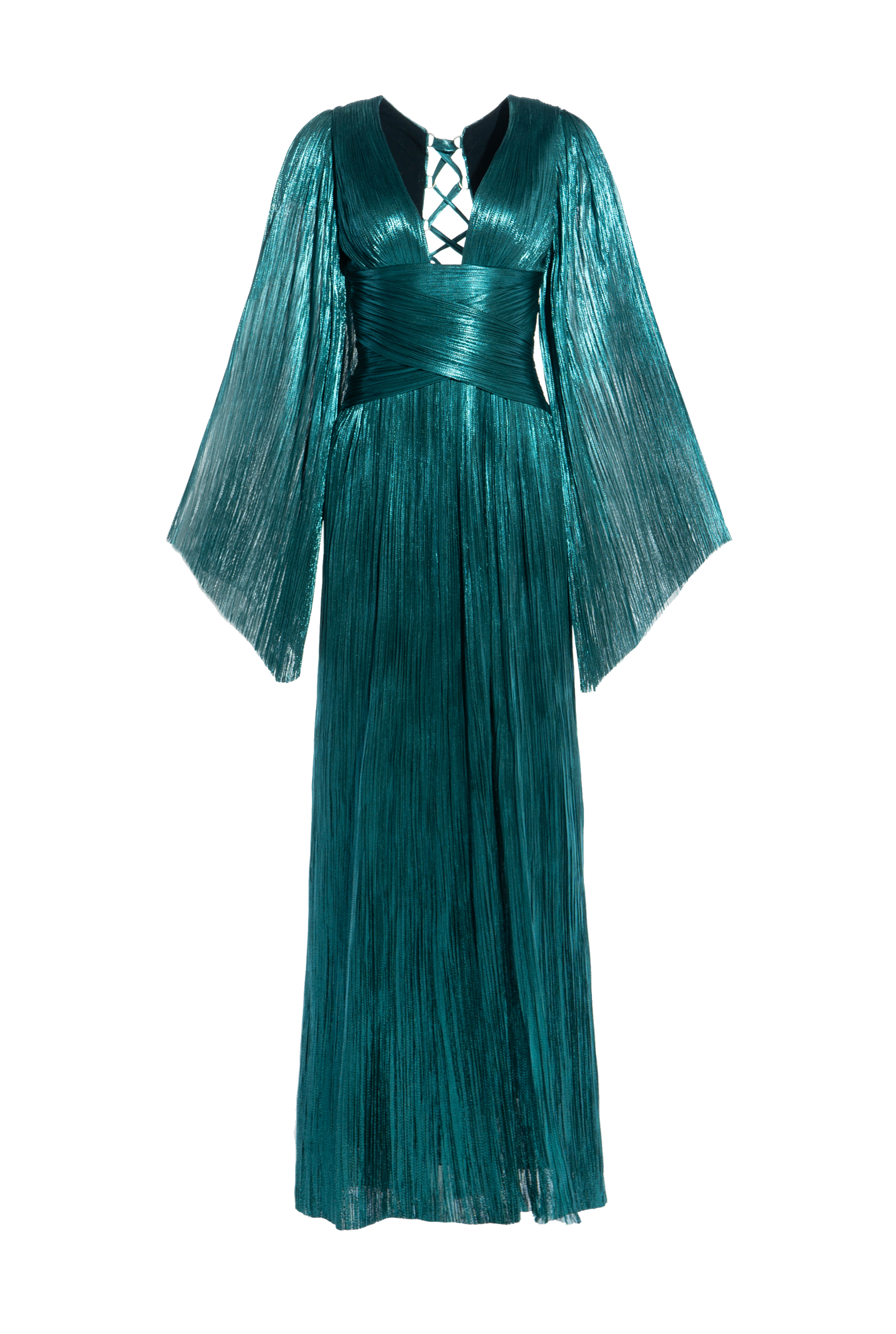 Weitese Prom Dress In Store Chic V Neck A-line Long Sleeves Evening Dress Teal Backless Lace Up With Slit Pleated Dresses Evening Wear