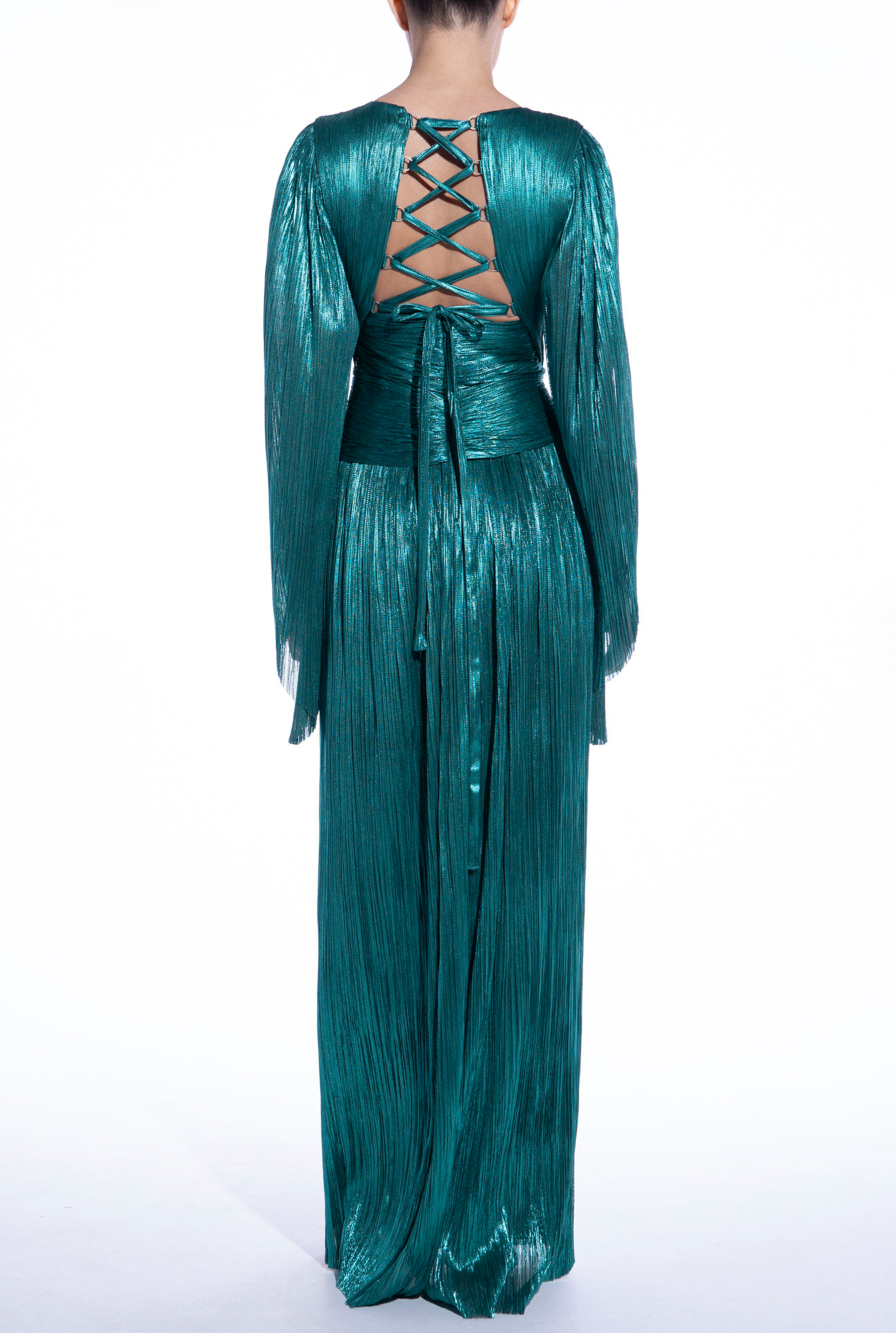 Weitese Prom Dress In Store Chic V Neck A-line Long Sleeves Evening Dress Teal Backless Lace Up With Slit Pleated Dresses Evening Wear