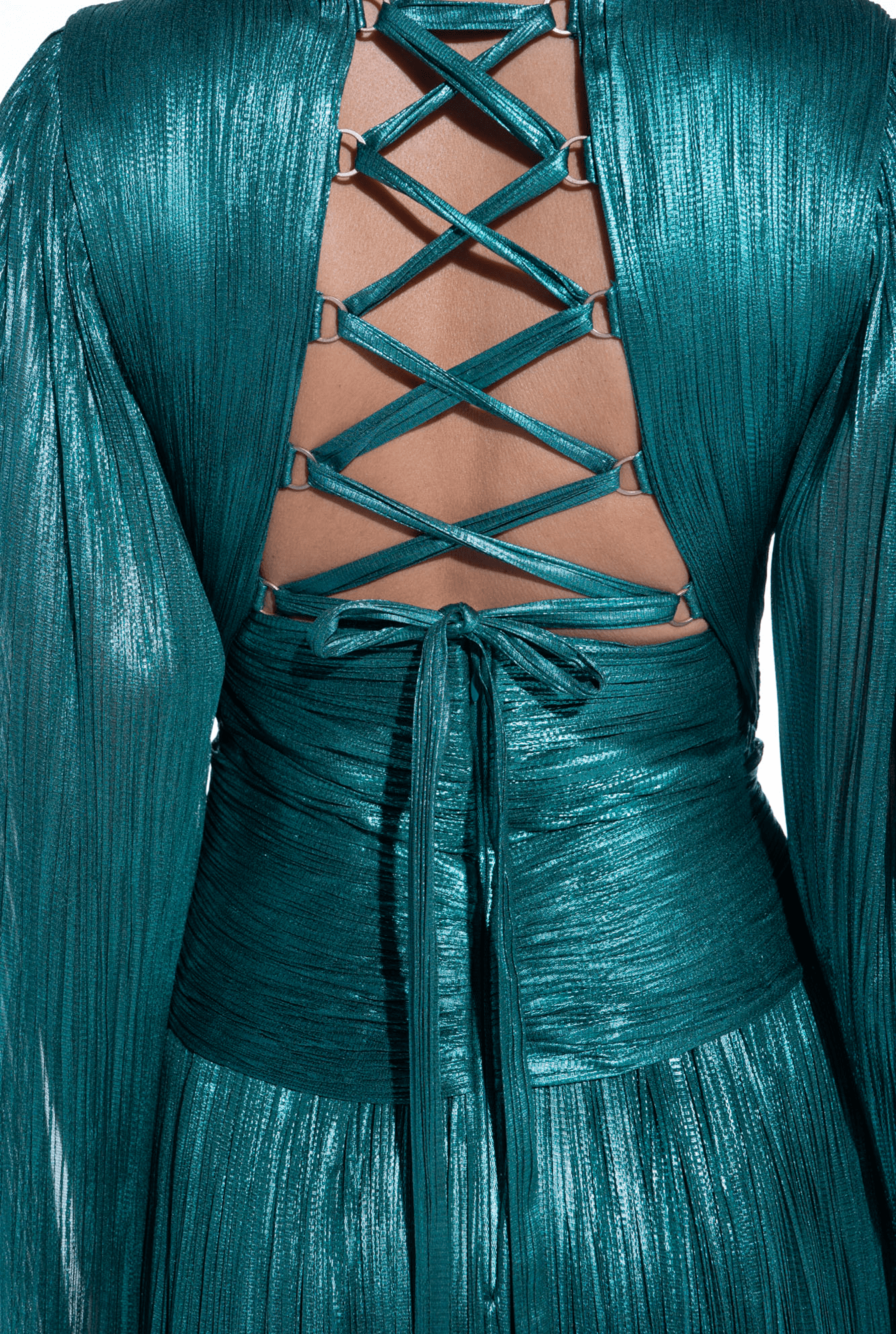 Weitese Prom Dress In Store Chic V Neck A-line Long Sleeves Evening Dress Teal Backless Lace Up With Slit Pleated Dresses Evening Wear