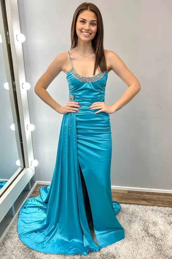 Robe de bal longue bleu sarcelle à bretelles spaghetti et perles avec traîne attachée 