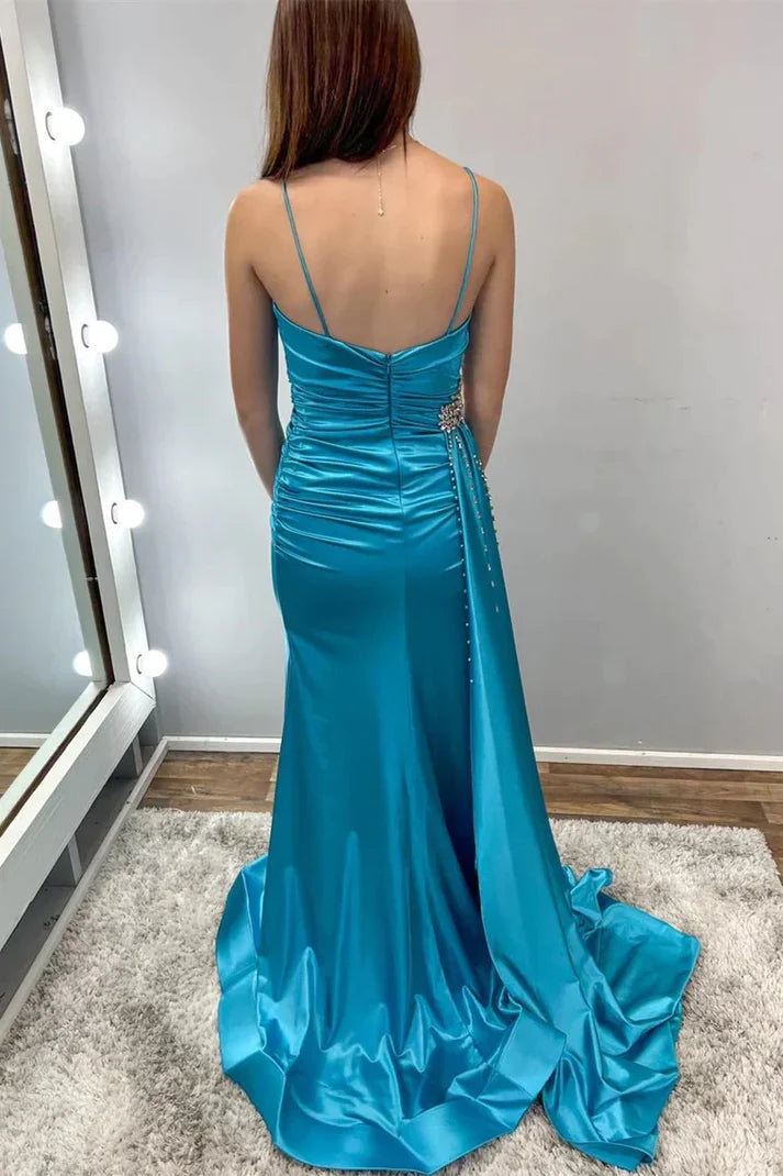 Robe de bal longue bleu sarcelle à bretelles spaghetti et perles avec traîne attachée 