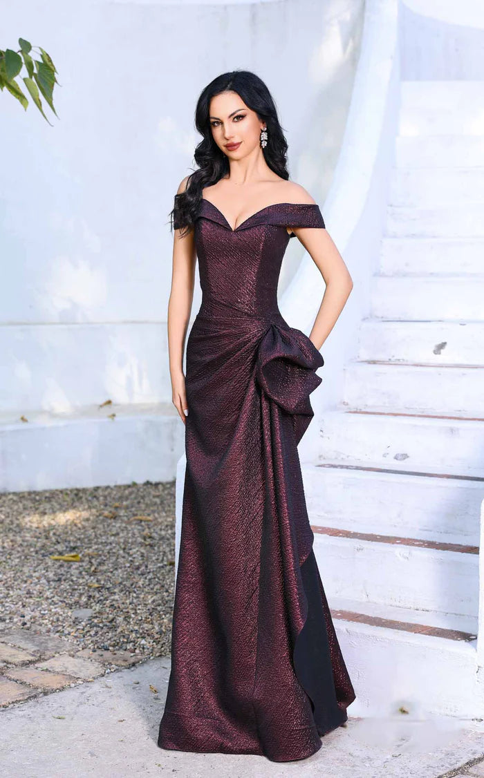 Burgundy Textured Metallic Fabric Trumpet Off-the-Shoulder Floor-Length Dress