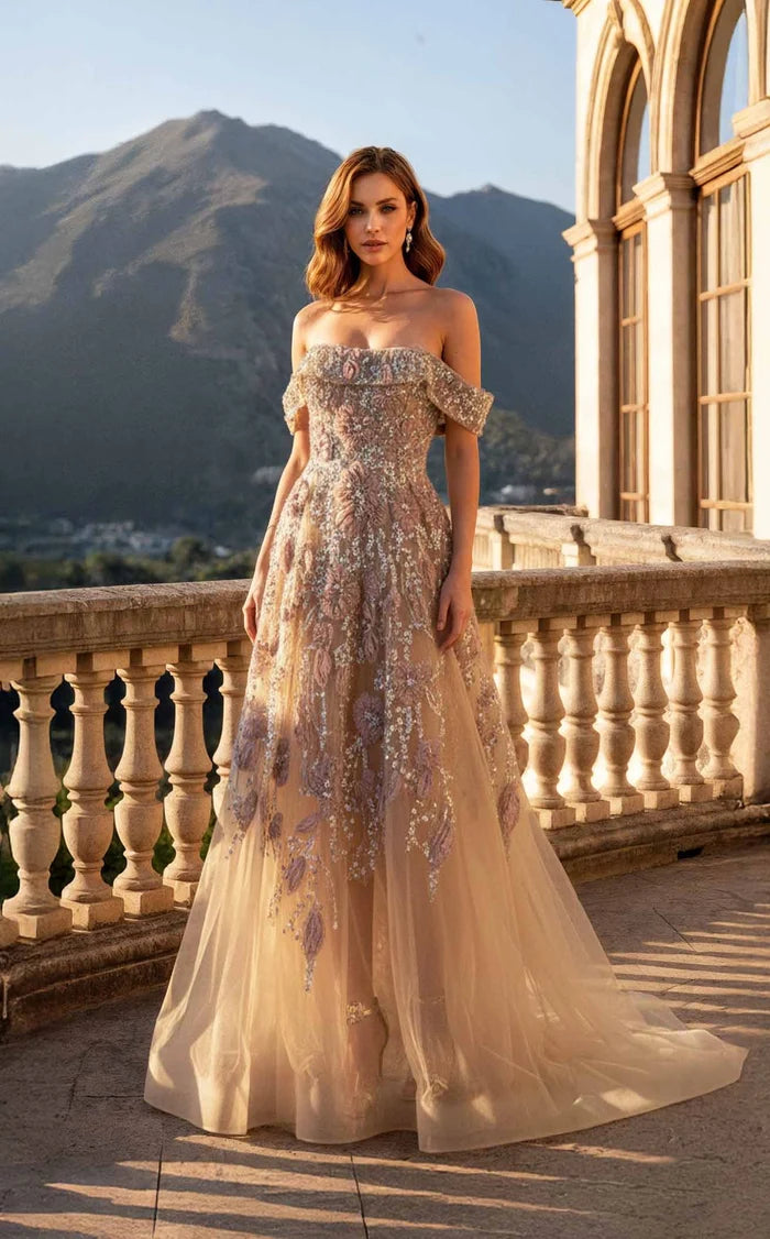 Champagne Tulle A-Line Off-the-Shoulder Back Zip Floor-Length Dress