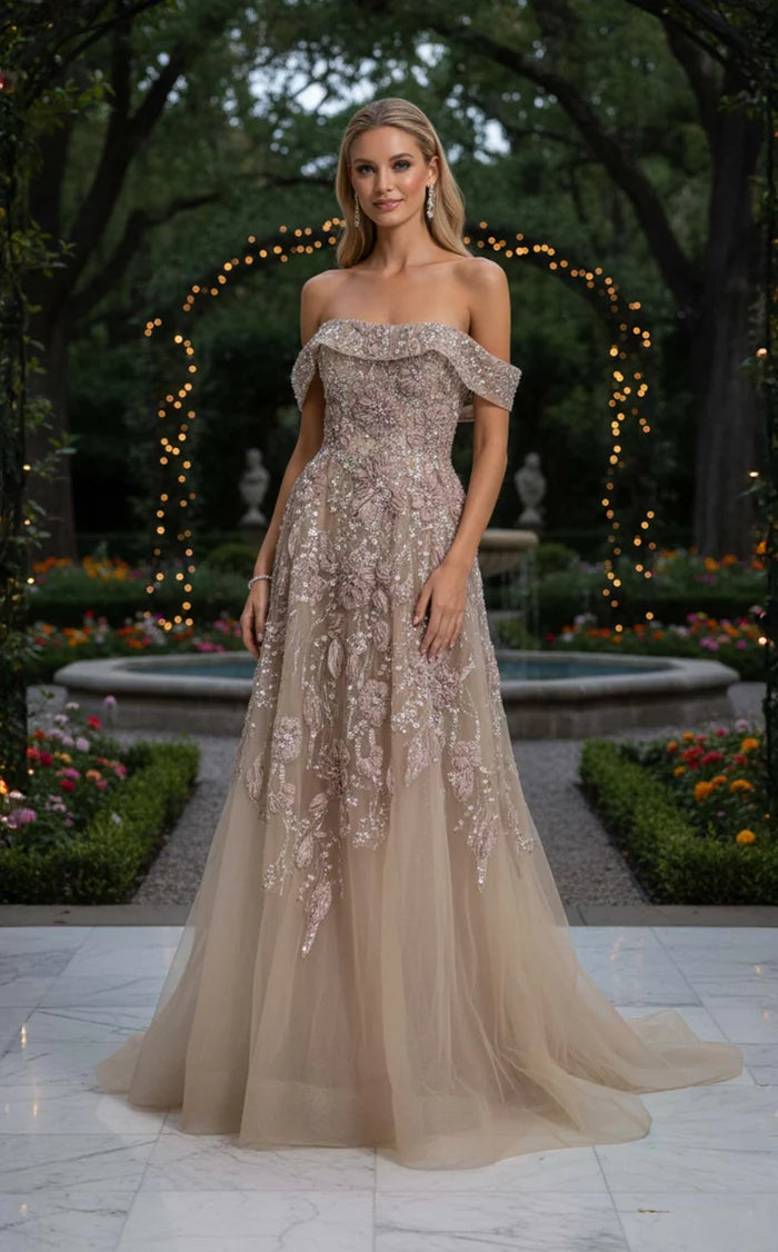 Champagne Tulle A-Line Off-the-Shoulder Back Zip Floor-Length Dress