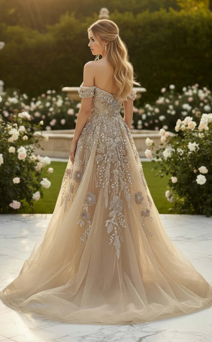 Champagne Tulle A-Line Off-the-Shoulder Back Zip Floor-Length Dress