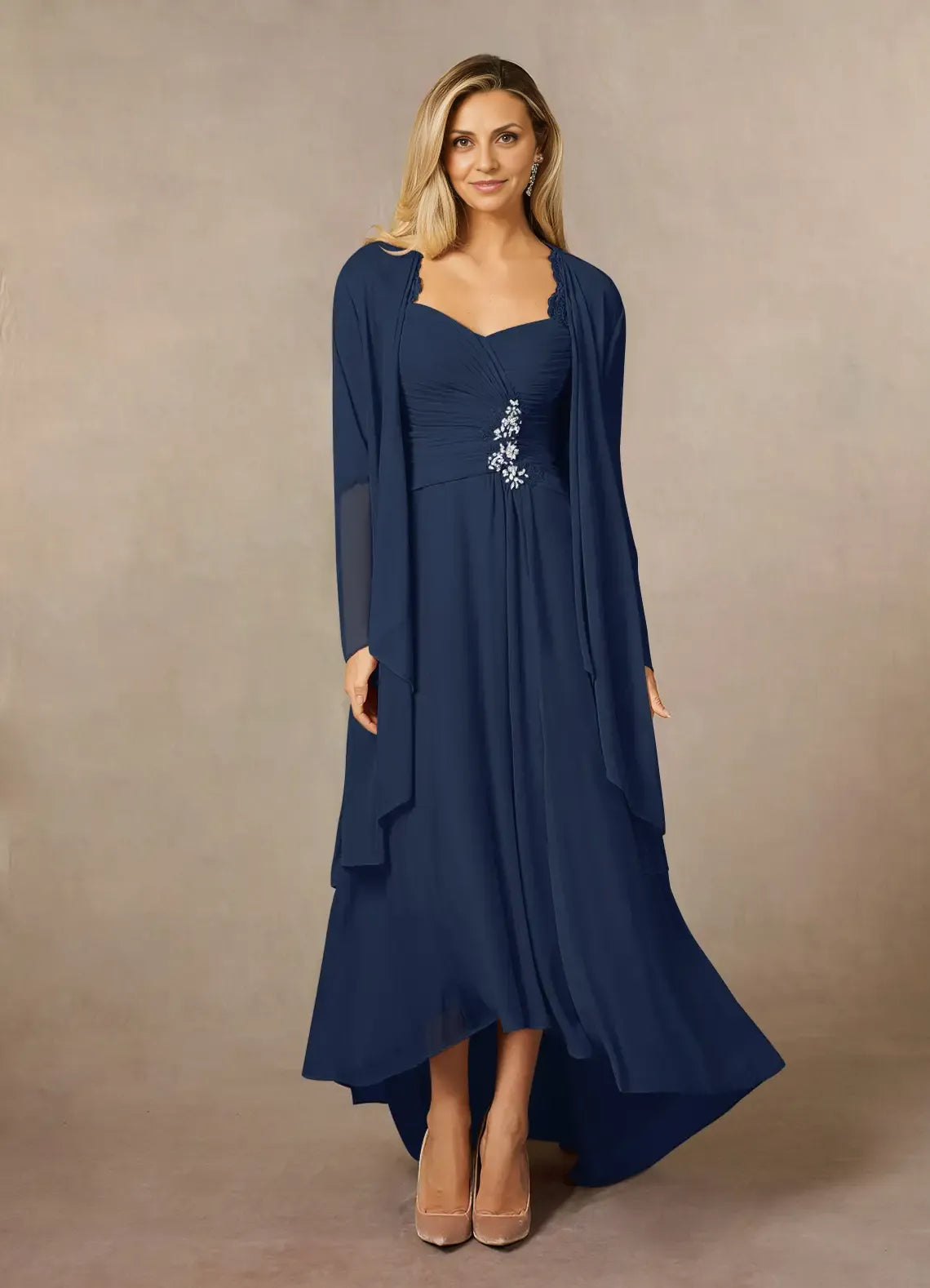 Weitese Dress Classic Dark Navy Sheath Sweetheart Sequins Lace Dress Asymmetrical-Length Three-Quarter Sleeve Illusion Back Two-Piece Mother of the Bride Dress