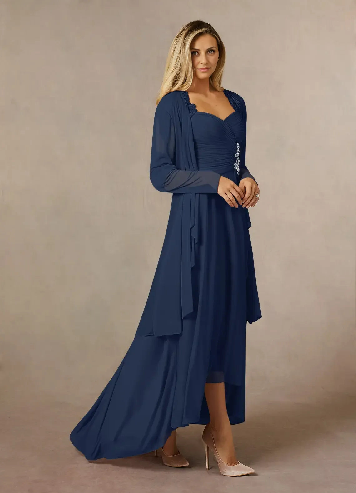 Weitese Dress Classic Dark Navy Sheath Sweetheart Sequins Lace Dress Asymmetrical-Length Three-Quarter Sleeve Illusion Back Two-Piece Mother of the Bride Dress