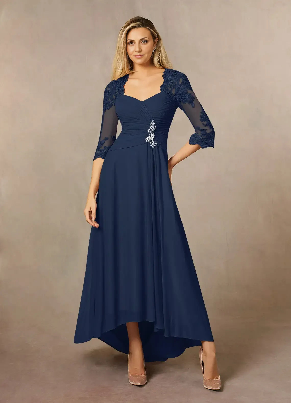 Weitese Dress Classic Dark Navy Sheath Sweetheart Sequins Lace Dress Asymmetrical-Length Three-Quarter Sleeve Illusion Back Two-Piece Mother of the Bride Dress