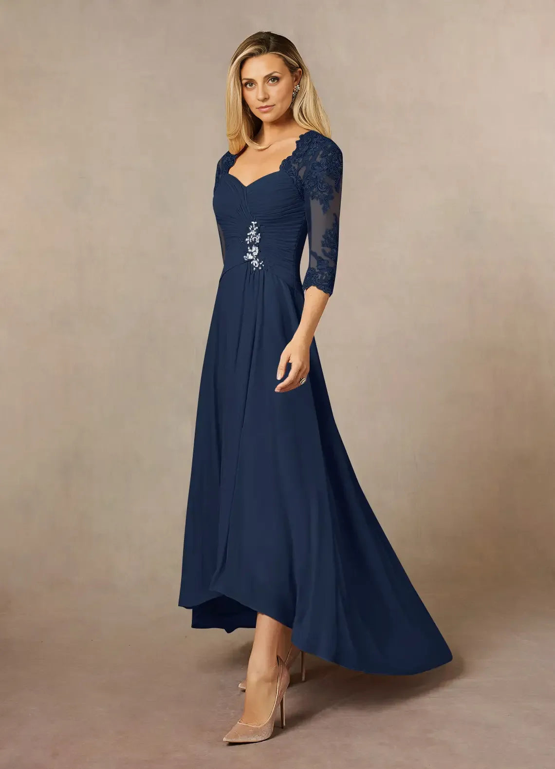 Weitese Dress Classic Dark Navy Sheath Sweetheart Sequins Lace Dress Asymmetrical-Length Three-Quarter Sleeve Illusion Back Two-Piece Mother of the Bride Dress